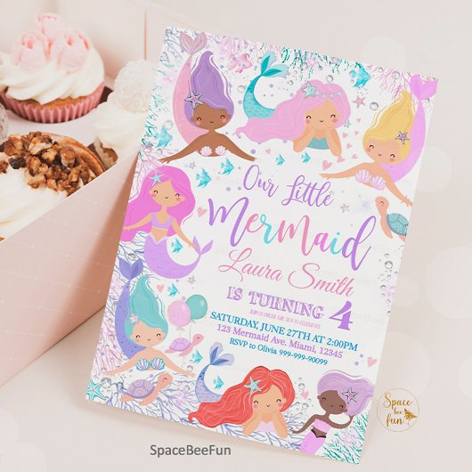 Zeemeermin verjaardagsfeestuitnodiging onder kaart