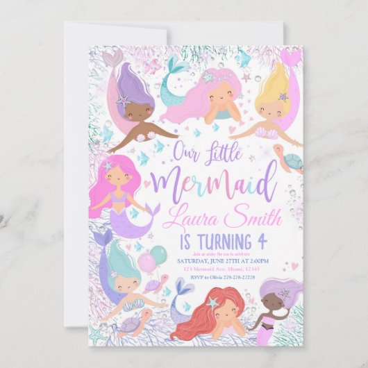 Zeemeermin verjaardagsfeestuitnodiging onder kaart (Voorkant)