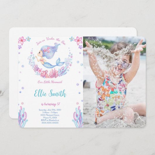 Zeemeermin verjaardagsfoto uitnodiging (Voorkant / Achterkant)