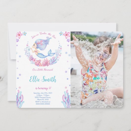 Zeemeermin verjaardagsfoto uitnodiging (Voorkant)