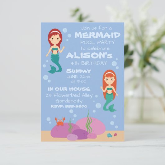 Zeemeermin verjaardagsmeisje zomer zwembad party u kaart (Staand voorkant)
