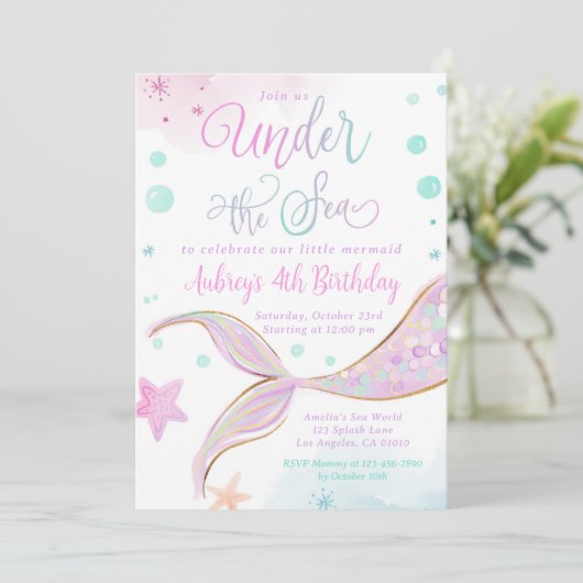 Zeemeermin Verjaardagspool Feest Onder het Zee Kaart (Staand voorkant)