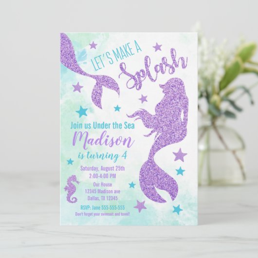 Zeemeermin Verjaardagsuitnodiging Blauwgroen en Pa Kaart (Staand voorkant)