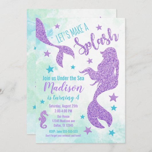 Zeemeermin Verjaardagsuitnodiging Blauwgroen en Pa Kaart (Voorkant / Achterkant)