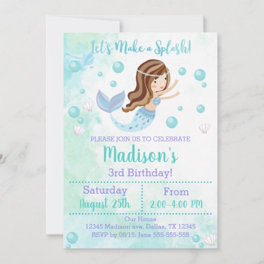Zeemeermin Verjaardagsuitnodiging Blauwgroen en Pa Kaart (Voorkant)