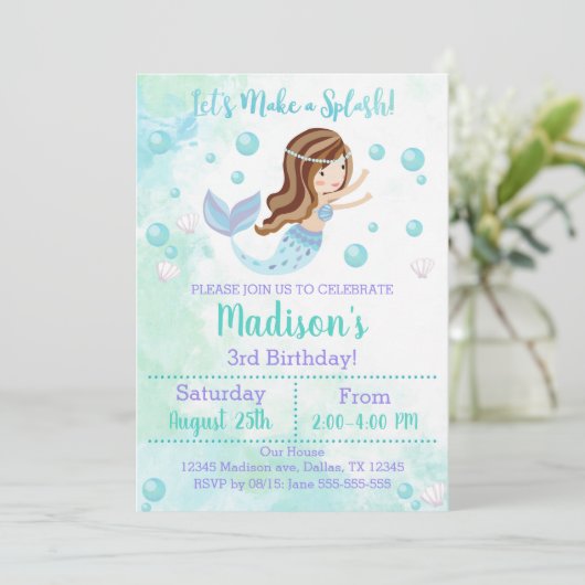 Zeemeermin Verjaardagsuitnodiging Blauwgroen en Pa Kaart (Staand voorkant)