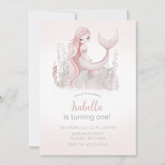 Zeemeermin verjaardagsuitnodiging in roze kaart (Voorkant)