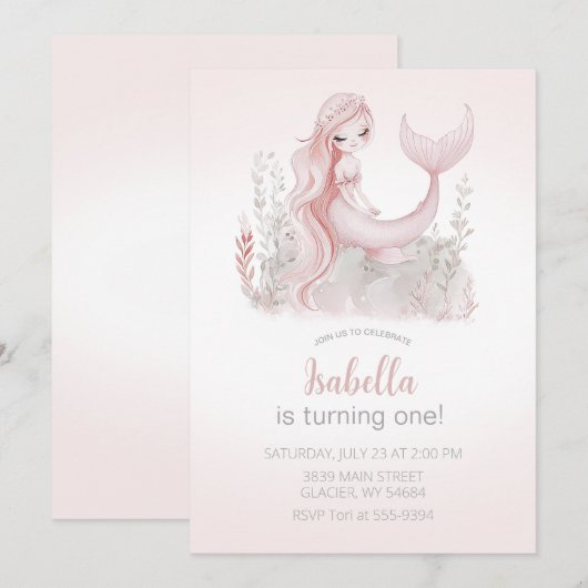 Zeemeermin verjaardagsuitnodiging in roze kaart (Voorkant / Achterkant)