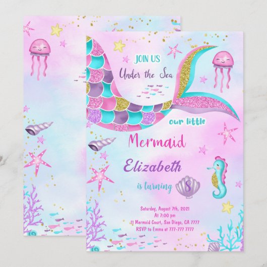 Zeemeermin Verjaardagsuitnodiging Kaart (Voorkant / Achterkant)