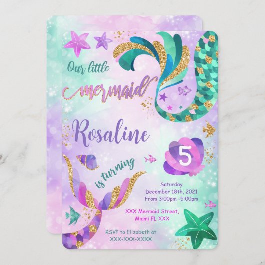 Zeemeermin Verjaardagsuitnodiging Kaart (Voorkant / Achterkant)