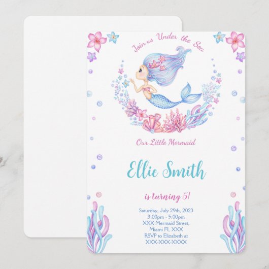 Zeemeermin Verjaardagsuitnodiging Kaart (Voorkant / Achterkant)