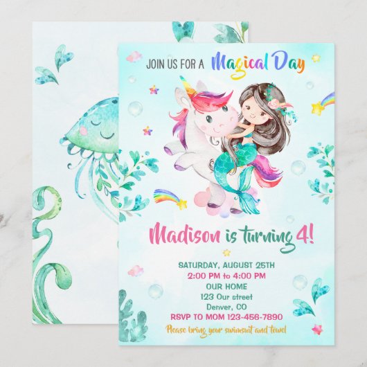 Zeemeermin verjaardagsuitnodiging Meisje Magische  Kaart (Voorkant / Achterkant)