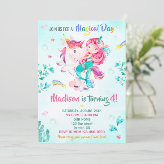 Zeemeermin verjaardagsuitnodiging Meisje Magische  Kaart (Staand voorkant)