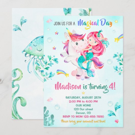 Zeemeermin verjaardagsuitnodiging Meisje Magische Kaart (Voorkant / Achterkant)