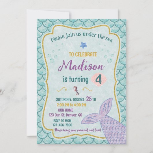 Zeemeermin verjaardagsuitnodiging Onder het zee fe Kaart (Voorkant)