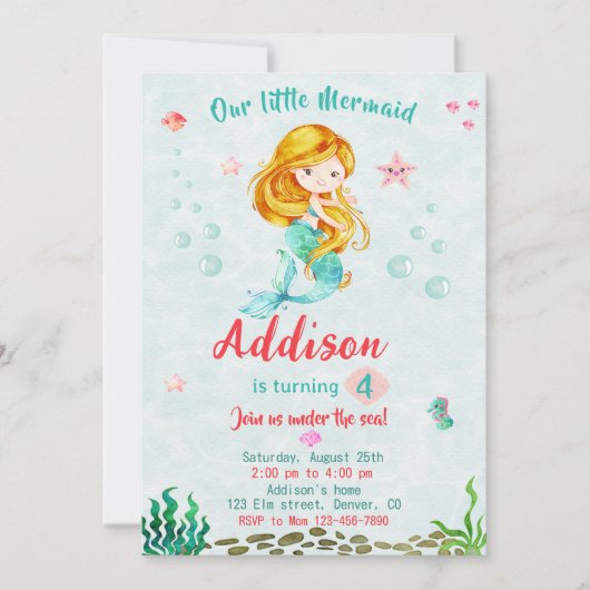 Zeemeermin verjaardagsuitnodiging Onder het zee fe Kaart (Voorkant)