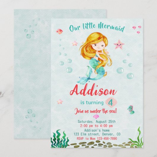 Zeemeermin verjaardagsuitnodiging Onder het zee fe Kaart (Voorkant / Achterkant)