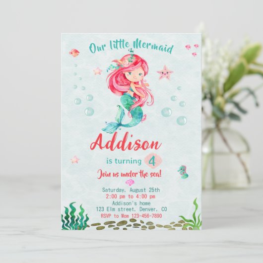 Zeemeermin verjaardagsuitnodiging Onder het zee fe Kaart (Staand voorkant)