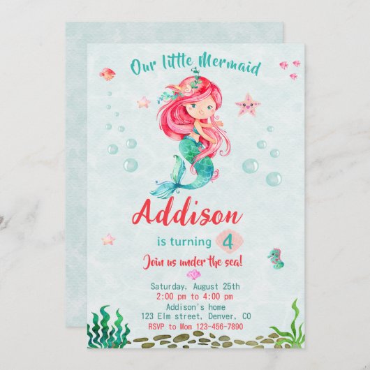 Zeemeermin verjaardagsuitnodiging Onder het zee fe Kaart (Voorkant / Achterkant)
