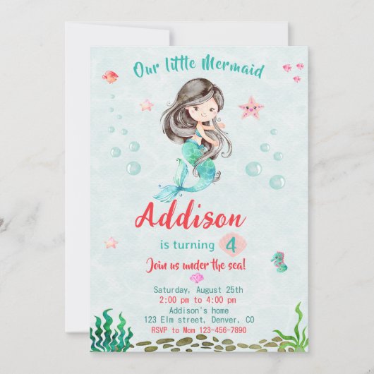 Zeemeermin verjaardagsuitnodiging Onder het zee fe Kaart (Voorkant)