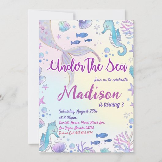 Zeemeermin verjaardagsuitnodiging onder het Zee Kaart (Voorkant)