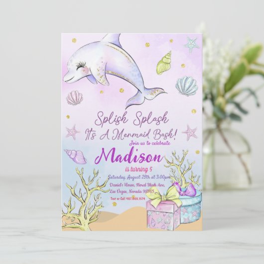 Zeemeermin verjaardagsuitnodiging onder het Zee Kaart (Staand voorkant)