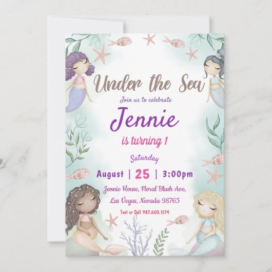Zeemeermin verjaardagsuitnodiging onder het Zee Kaart (Voorkant)