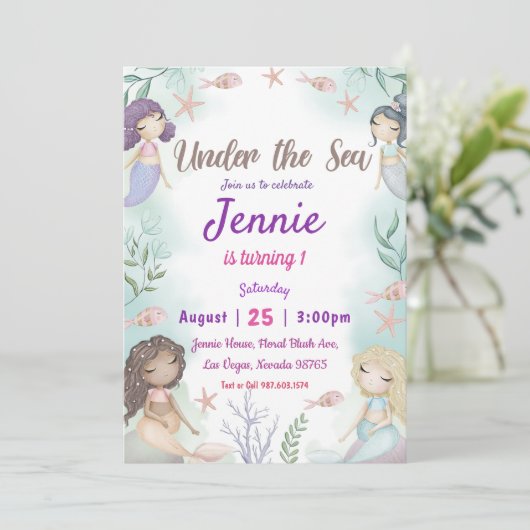 Zeemeermin verjaardagsuitnodiging onder het Zee Kaart (Staand voorkant)