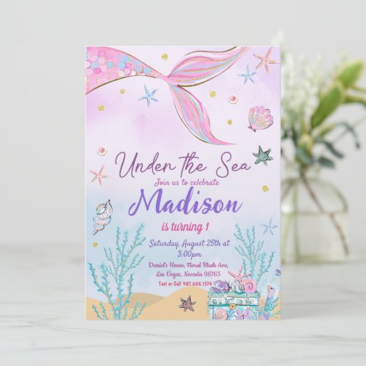 Zeemeermin verjaardagsuitnodiging onder het Zee Kaart (Staand voorkant)