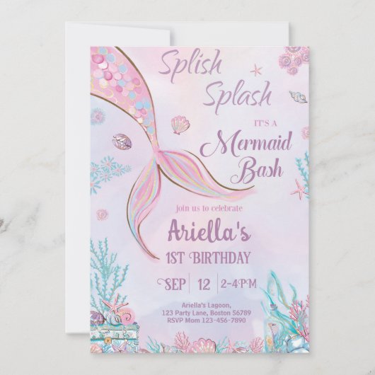 Zeemeermin verjaardagsuitnodiging onder het Zee me Kaart (Voorkant)