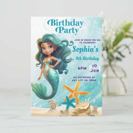 Zeemeermin Verjaardagsuitnodiging, onder het Zee U Kaart (Staand voorkant)