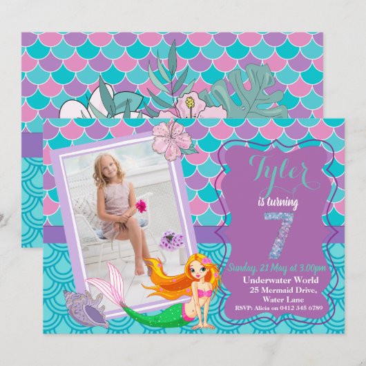 Zeemeermin volgens Zee 7e verjaardag uitnodiging (Voorkant / Achterkant)