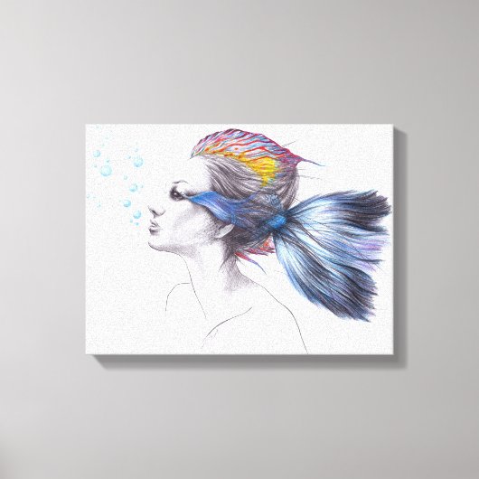 Zeemeermin Vrouw Fantasie Surreal Art Tekening Canvas Afdruk (Voorkant)