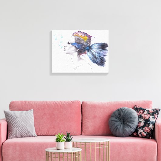 Zeemeermin Vrouw Fantasie Surreal Art Tekening Canvas Afdruk (Insitu (Woonkamer))