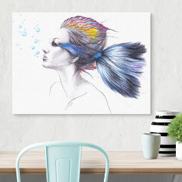 Zeemeermin Vrouw Fantasie Surreal Art Tekening Canvas Afdruk
