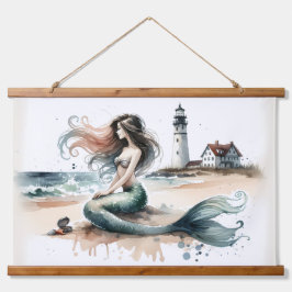Zeemeermin Vuurtoren Kust Watercolorscene Hangend Wandkleed