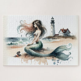 Zeemeermin Vuurtoren Kust Watercolorscene Legpuzzel