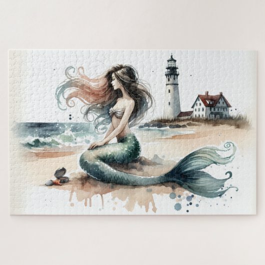 Zeemeermin Vuurtoren Kust Watercolorscene Legpuzzel (Horizontaal)
