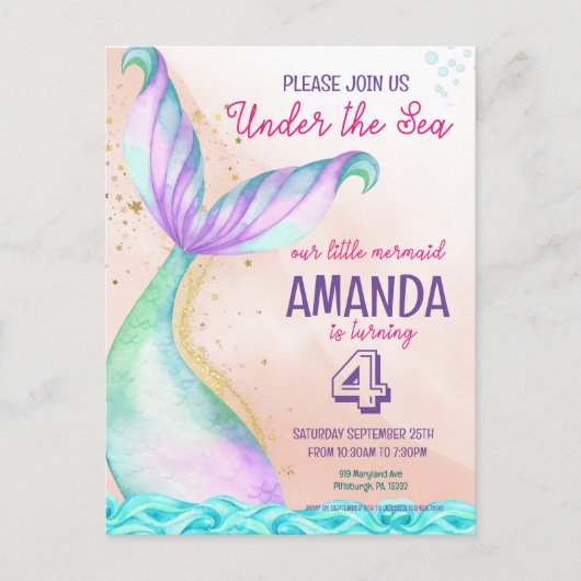 Zeemeermin Waterverf Birthday onder Zee Briefkaart (Voorkant)