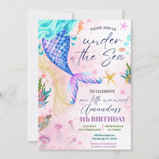 Zeemeermin Waterverf Birthday onder Zee Kaart (Voorkant)