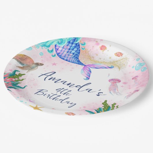 Zeemeermin Waterverf Birthday onder Zee Papieren Bordje (Gekanteld)
