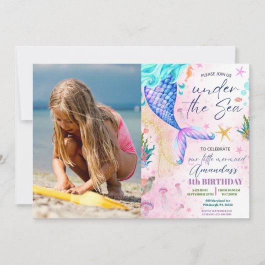 Zeemeermin Waterverf Foto Verjaardag Onder het Zee Kaart (Voorkant)