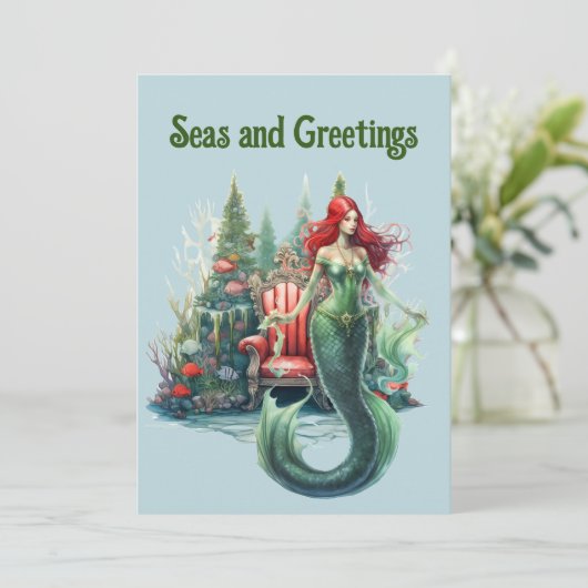 Zeemeermin Waterverf Kerstmis Zeeen en Groeten Feestdagenkaart (Staand voorkant)