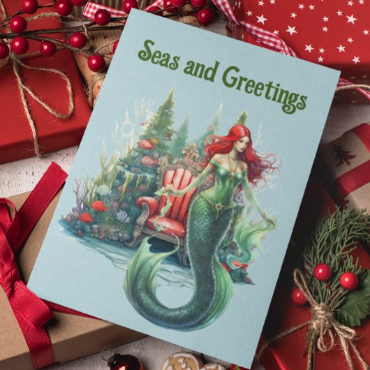 Zeemeermin Waterverf Kerstmis Zeeen en Groeten Feestdagenkaart