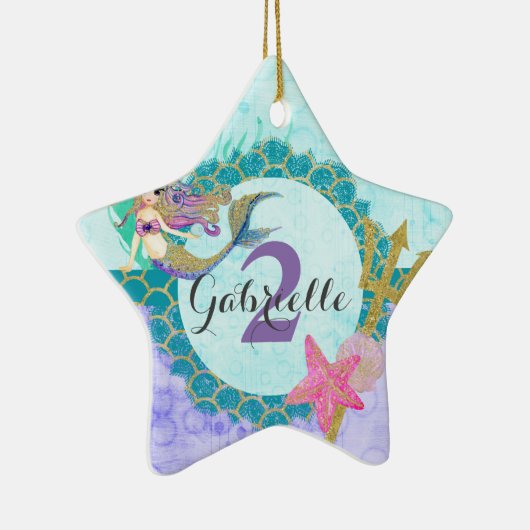 Zeemeermin Waterverf Naam & Leeftijd Baby Girl Ver Keramisch Ornament (Rechts)