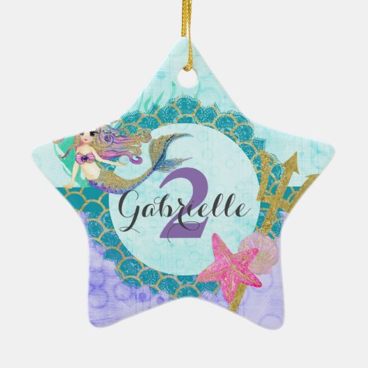 Zeemeermin Waterverf Naam & Leeftijd Baby Girl Ver Keramisch Ornament (Achterkant)