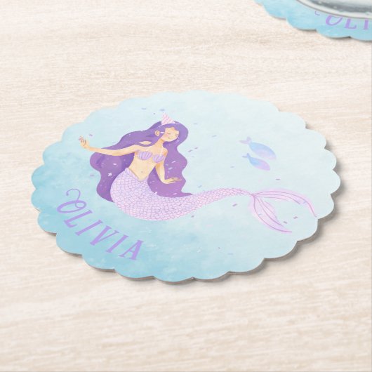 Zeemeermin Waterverf Paarse Schattig Meisje Verjaa Kartonnen Onderzetters (Gekanteld)