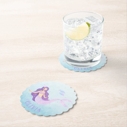 Zeemeermin Waterverf Paarse Schattig Meisje Verjaa Kartonnen Onderzetters (Insitu)