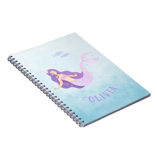 Zeemeermin Waterverf Paarse Schattig Meisje Verjaa Notitieboek (Rechterzijde)