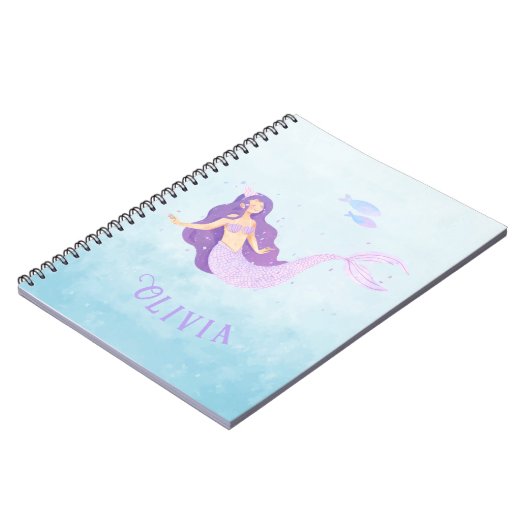 Zeemeermin Waterverf Paarse Schattig Meisje Verjaa Notitieboek (Linkerzijde)